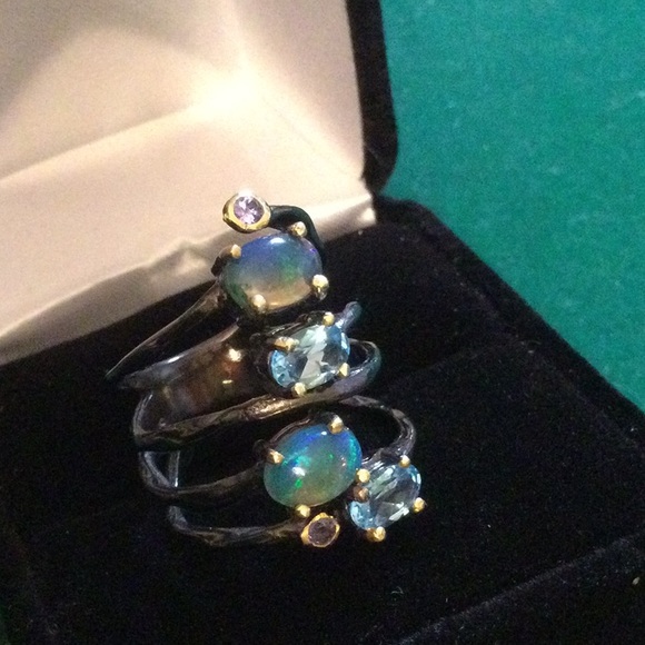 Genuine Opals & Blue Topaz Ring - Picture 6 of 14